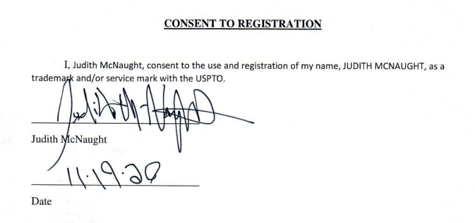 Image of written consent form, signed "Judith McNaught" on 11/19/20