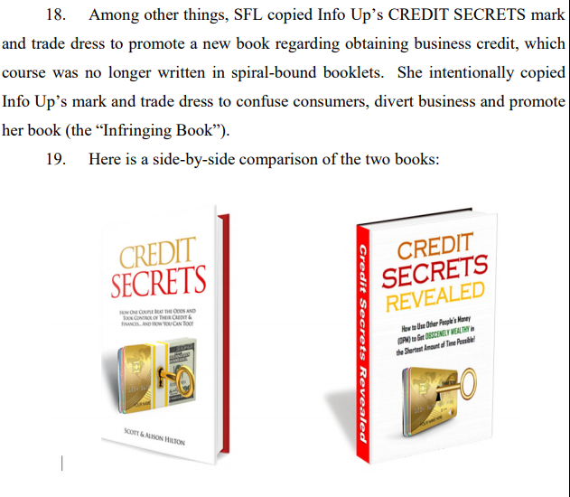 Excerpt from lawsuit by InfoUp, LLC. showing side by side comparison of book covers for InfoUp's CREDIT SECRETS and Monica Main's CREDIT SECRETS REVEALED