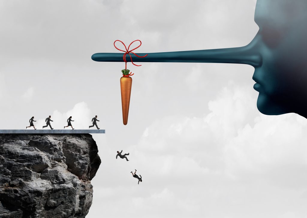 Header image: bait and switch scammer  offering a carrot to tempt victims off a cliff