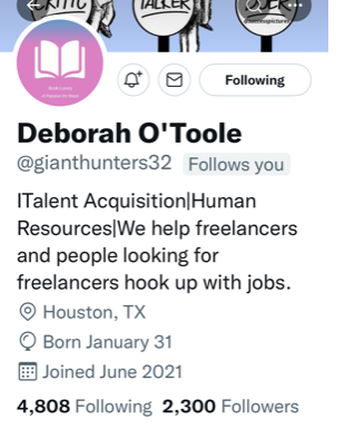 Twitter bio of Deborah O'Toole: "We help freelancers and people looking for freelancers hook up with jobs"