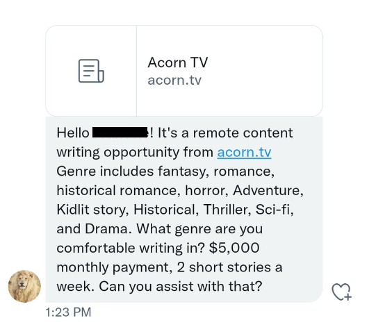 Text from Fake Acorn TV offering a writing job
