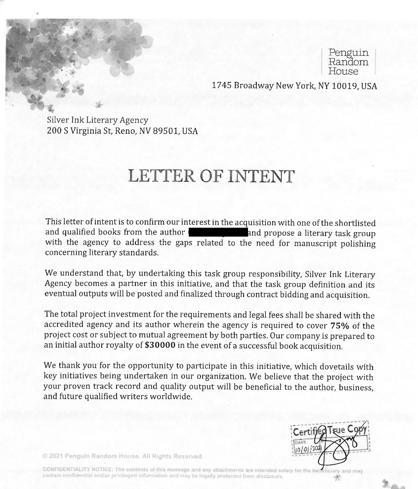 Bogus letter of intent supposedly from Penguin Random House, sent by Silver Ink Literary Agency