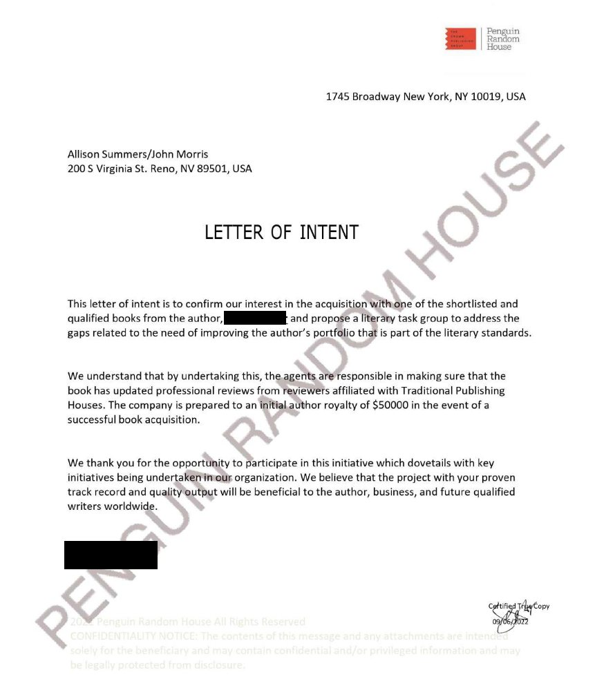 Bogus Letter of Intent supposedly from Penguin Random House sent by Allison Summers and John Morris