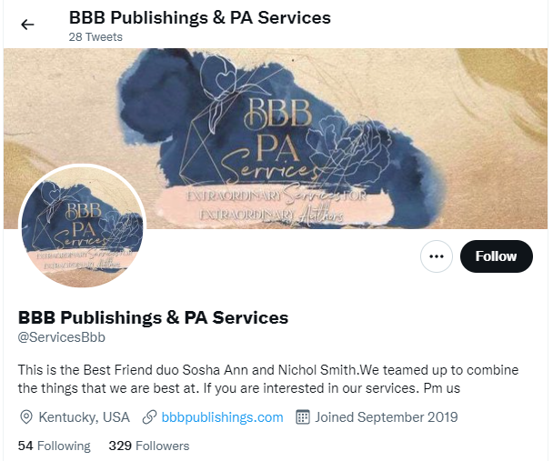 Header of BBB Publishings' Twitter account