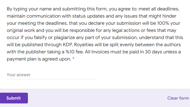 Paragraph at the end of anthology sign-up forms in lieu of contract