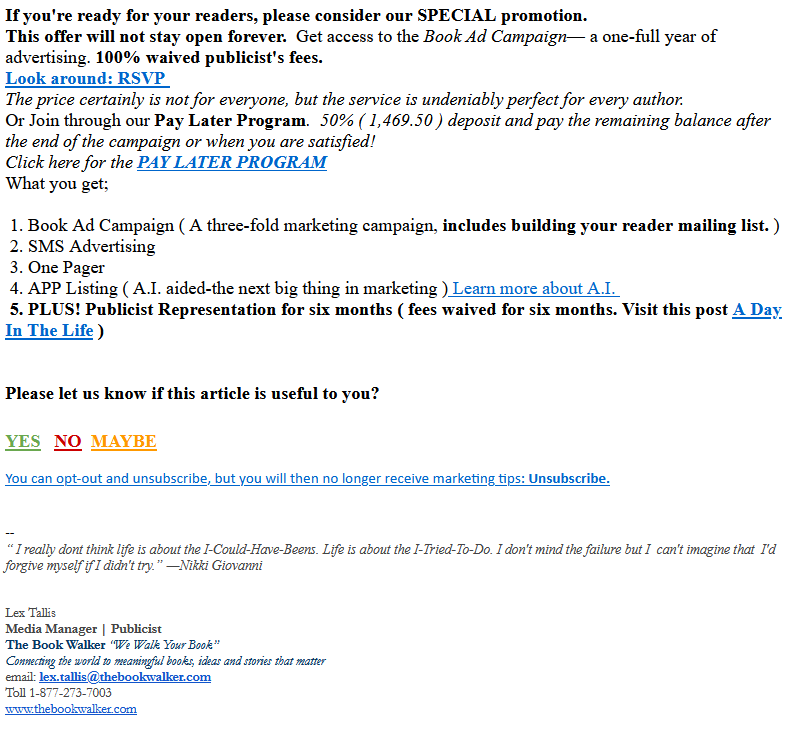 The BookWalker spam email money pitch