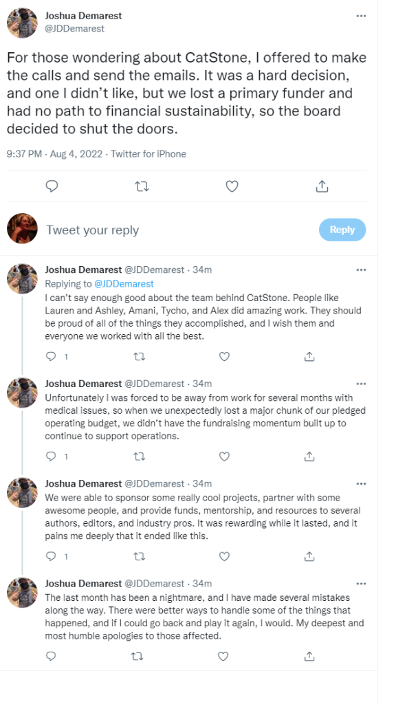 Tweete from Joshua Demarest about Catstone's closure