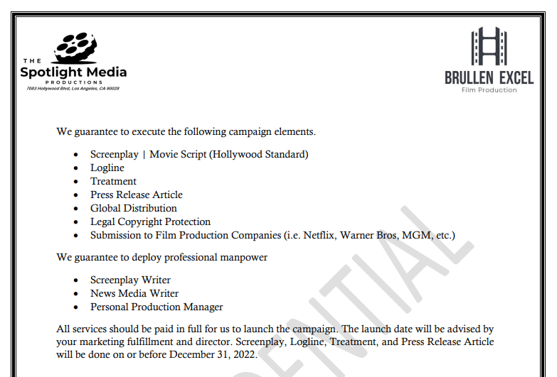 Page 2 of "Movie Project Screenplay Service Agreement", showing list of services author gets for their fee, including "Submission to Film Production Companies"
