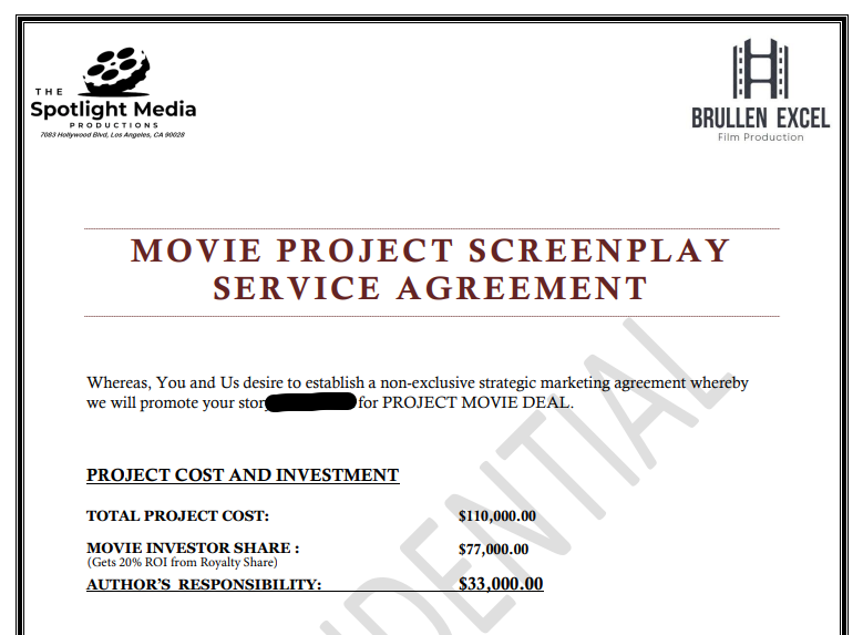 Page 1 of "Movie Project Screenplay Service Agreement", showing author fee of $33,000
