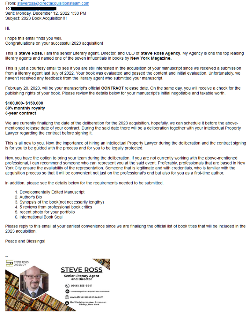 Scam email impersonating Steve Ross of the Steve Ross Agency