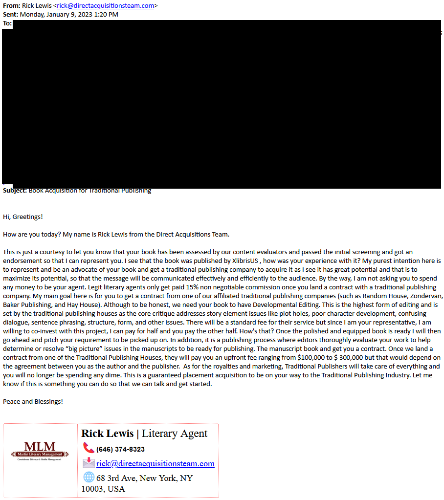 Scam solicitation impersonating agent Rick Lewis of Martin Literary Management