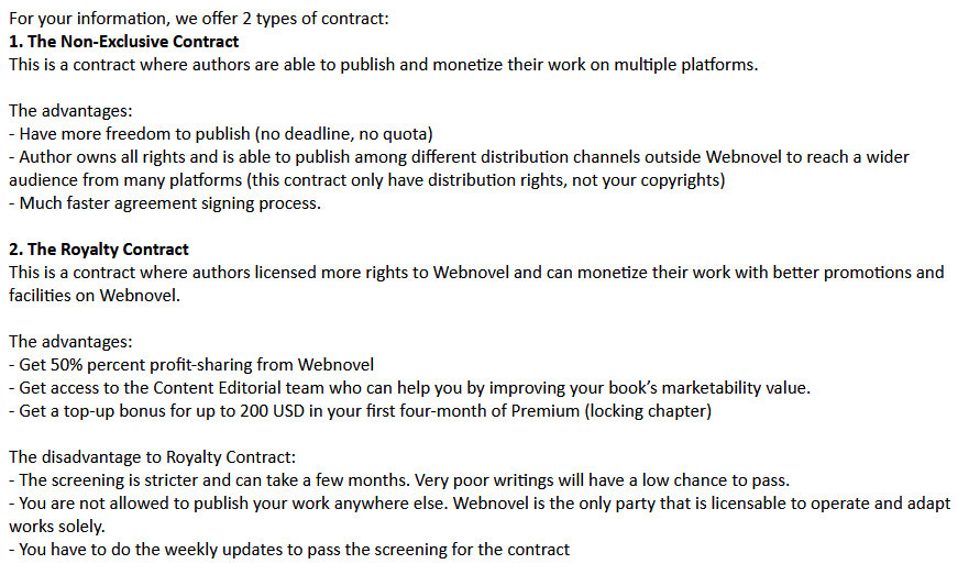 Excerpt from Webnovel solicitation email describing exclusive and non-exclusive contracts