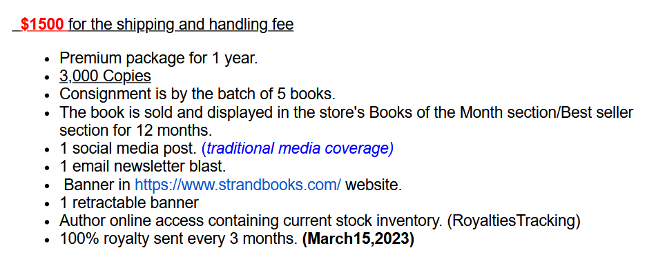 Excerpt from scam solicitation impersonating the Strand Bookstore: "program details", including 3,000 copy printing, various marketing services, and "100% royalty" for shipping and handling fee of $1,500