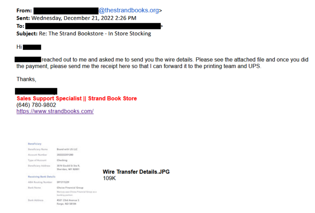 Wire transfer details for the Strand scam, identifying the beneficiary as Brand with US LLC
