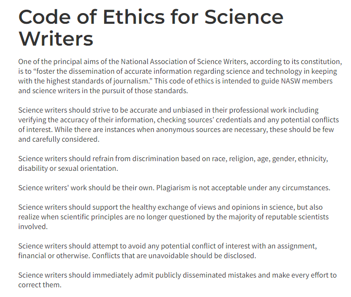 Plagiarized Code of Ethics from National Assn. of Science Writers