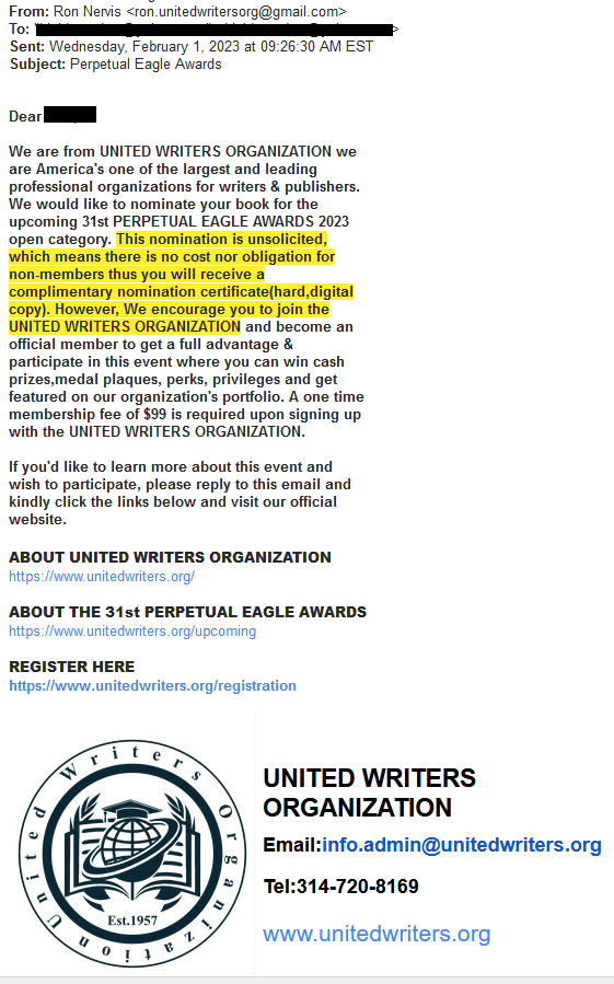 Solicitation email from United Writers Organization,, with award nomination,  encouragement to join the organization for a fee of $99, and the UWO's logo claiming it was established in 1957