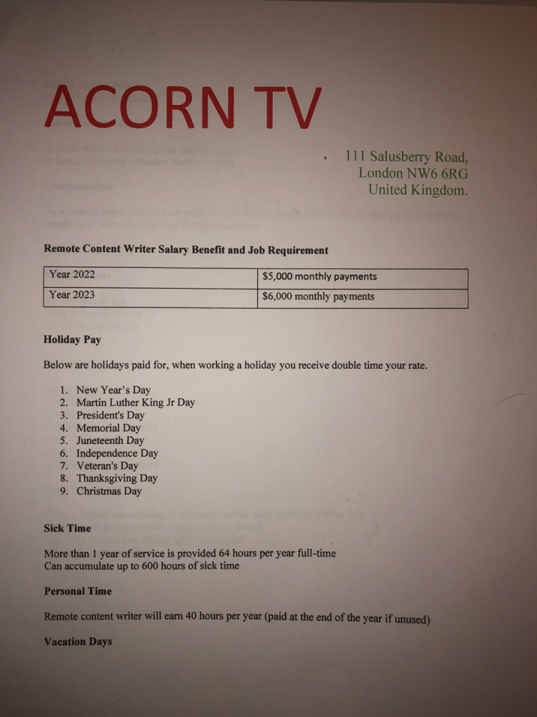"Acorn TV" Benefit and Job Requirement document, page 1, promising $5,000 monthly salary