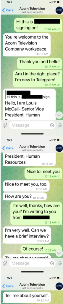 Screenshots of text interview between "Acorn TV" and writer--same intro and questions as "Minno" text interview