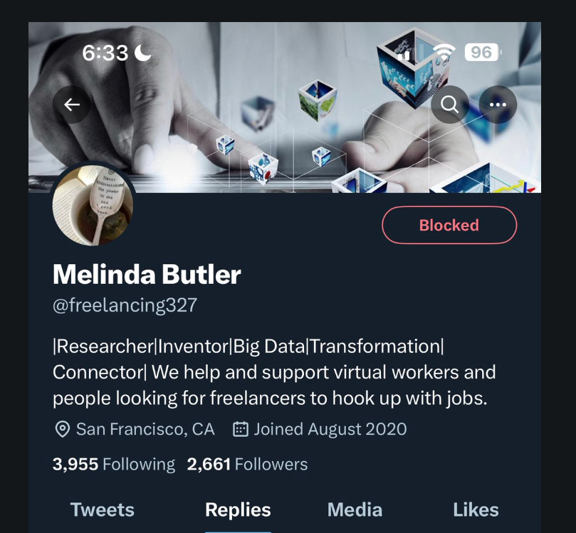 Twitter bio of Melinda Butler: "We help and support virtual workers and people looking for freelancers to hook up with jobs"
