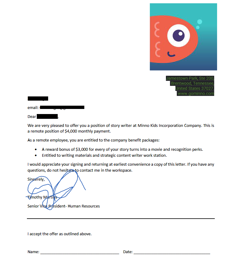 "Minno" agreement letter, offering $4,000 monthly plus a "reward bonus" of $3,000