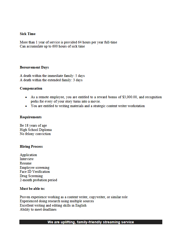 "Minno" Benefit and Job Requirement document, page 2, promising "reward bonus" of $3,000