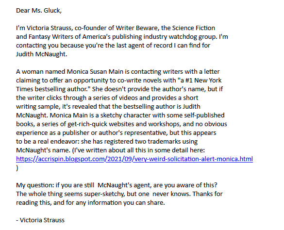 Email from Victoria Strauss to Suzanne Gluck asking if the William Morris Endeavor Agency is aware of Monica Main's claimed arrangement with Judith McNaught