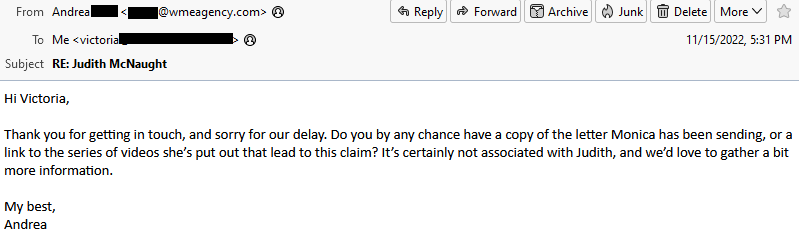 Response from Suzanne Gluck's assistant: Monica Main's claim is "certainly not associated with Judith."