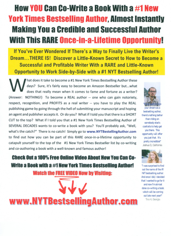 Page 2 of Monica Main's new flyer: "How YOU can co-write a book with a #1 New York Times Bestselling Author, almost instantly making you a credible and successful author with this rare once-in-a-lifetime opportunity!"