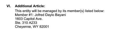 Article VI from Bennett Media & Marketing's Wyoming business registration, showing Jofred Daylo Bayani as the managing member