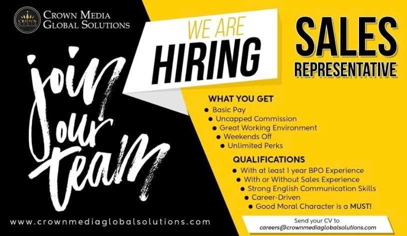 Crown Media Global Solutions recruitment ad: "We are hiring Sales Representatives"
