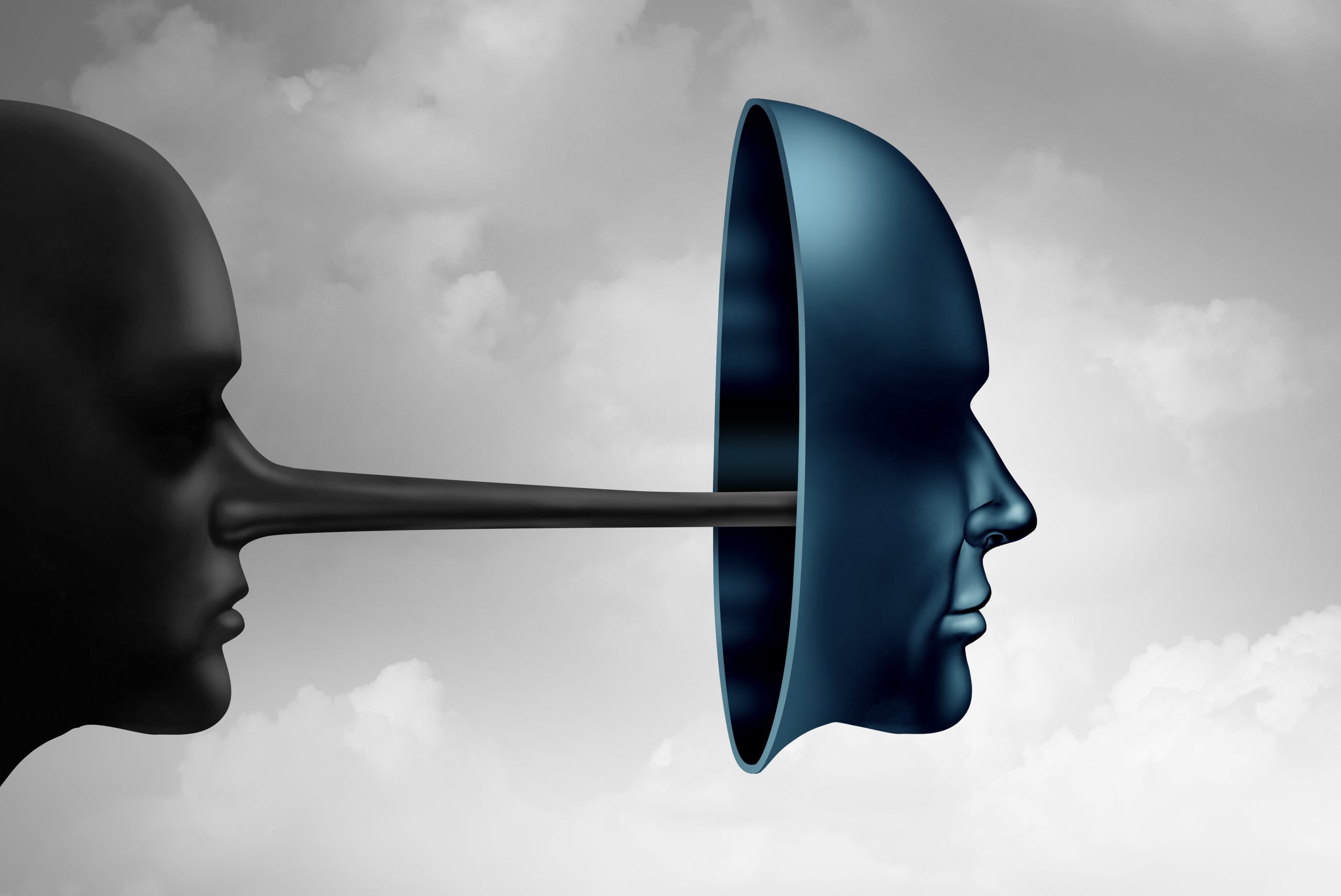 Header image: face in profile with long Pinocchio nose behind a trustworthy mask. Credit: Lightspring via Shutterstock.com