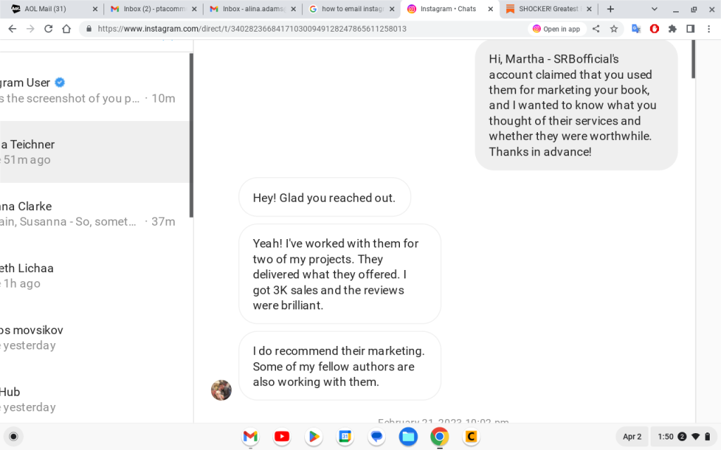 Screenshot of fake response from "Martha Teichner" claiming to have worked with SBRC: "I got 3K sales and the reviews were brilliant"