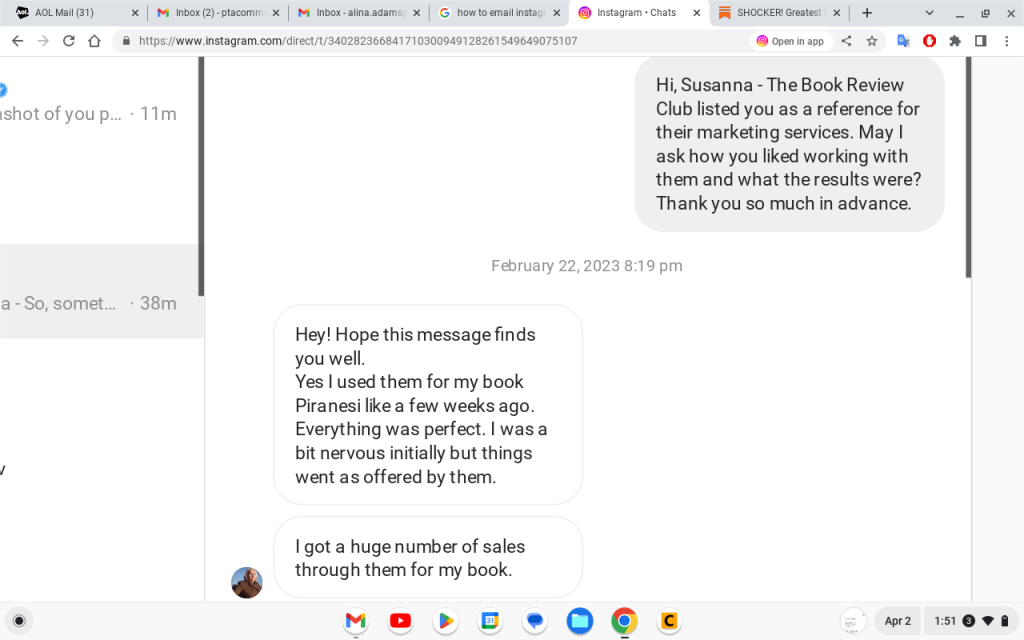 Screenshot of fake response from "Susanna Clarke" claiming to have used SBRC: "I got a huge number of sales through them for my book"