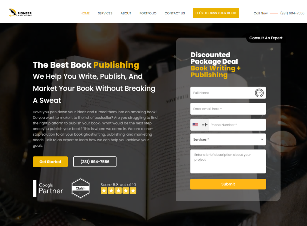 Screenshot of Pioneer Book Writers homepage: identical text and format to Amazon Digital Publications homepage