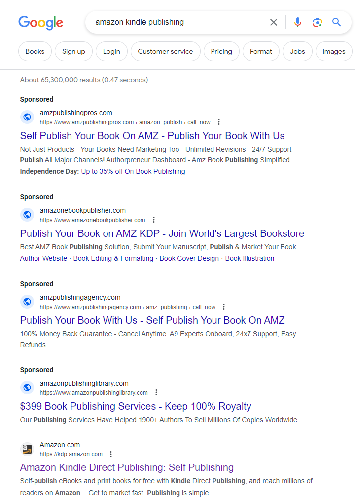 Screenshot of results of a google search  on Amazon Kindle publishing: four sponsored links for Amazon fakes, with the real KDP publishing at #5