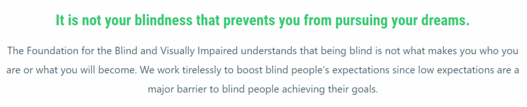 Screenshot of the Foundation for the Blind and Visually Impaired homepage: "The Foundation for the Blind and Visually Impaired understands that being blind is not what makes you who you are or what you will become. We work tirelessly to boost blind people’s expectations since low expectations are a major barrier to blind people achieving their goals."