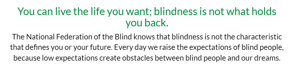 Screenshot from the National Federation of the Blind homepage: "The National Federation of the Blind knows that blindness is not the characteristic that defines you or your future. Every day we raise the expectations of blind people, because low expectations create obstacles between blind people and our dreams."