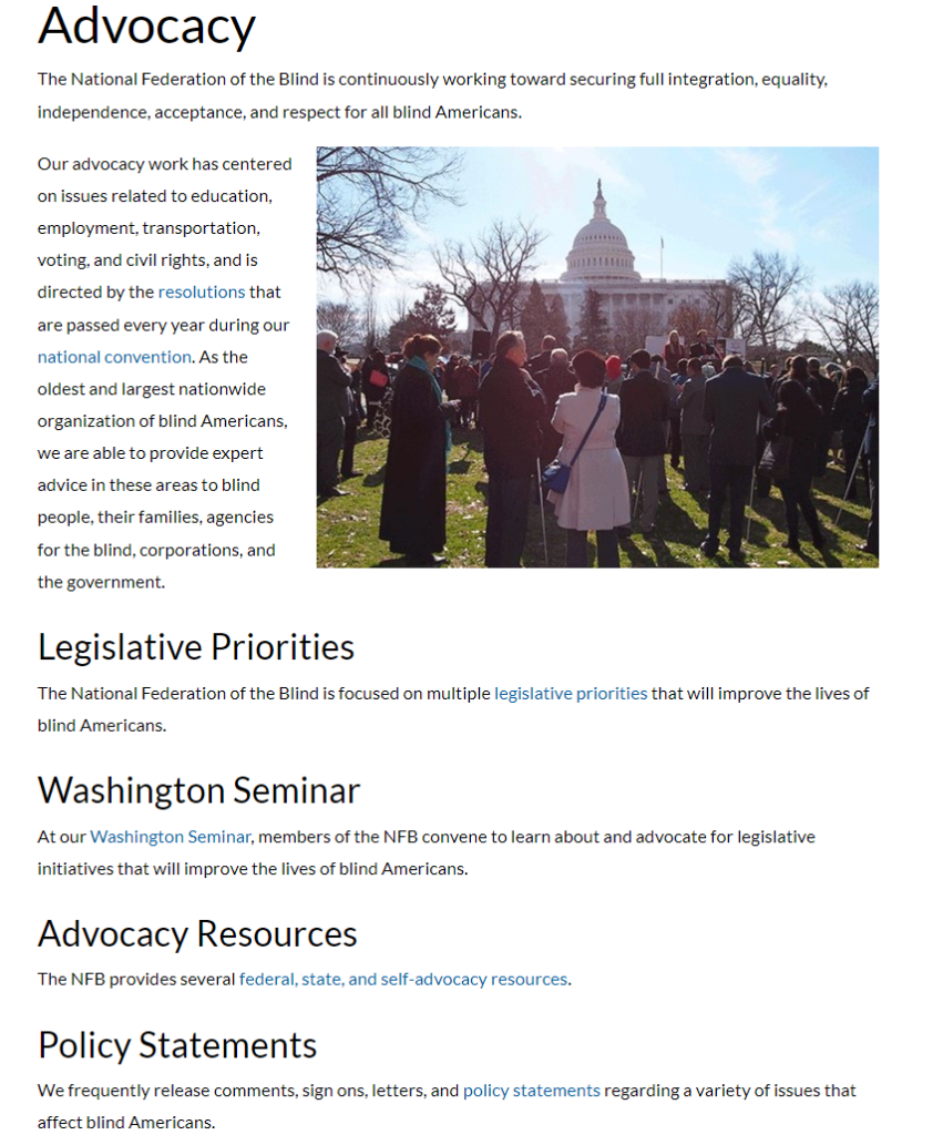 The Advocacy page of the National Federation of the Blind, with captions: Legislative Priorities, Washington Seminar, Advocacy Resources, Policy Statements