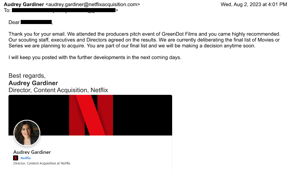 Screenshot of fake email from Netflix: "You are part of our final list"