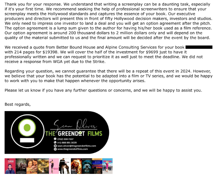 Screenshot of response by Greendot, offering a quote of $19,398 from Better Bound House to write a screenplay, of which Greendot claims it will cover half, or $9,699