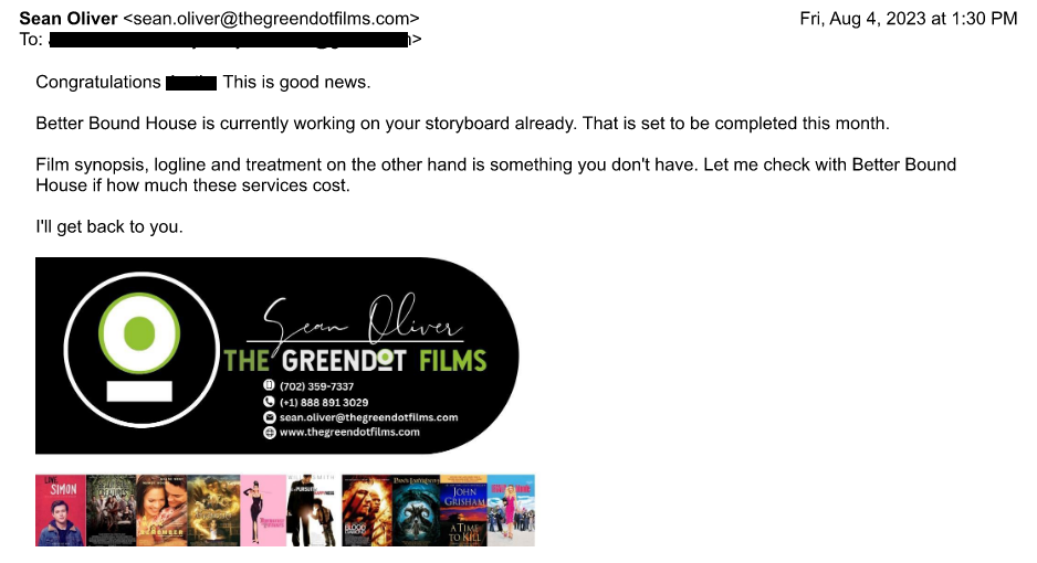 Screenshot of Greendot email promising to contact BBH about cost of synopsis, logline, and treatment