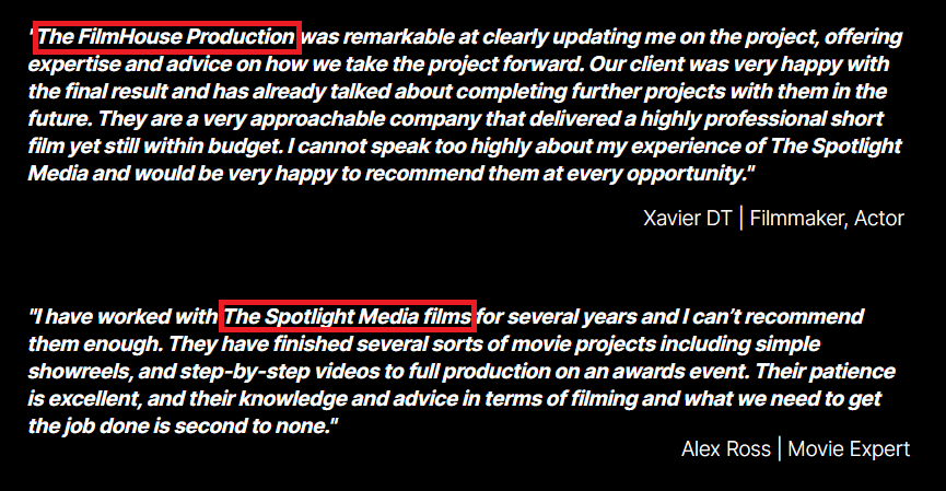 Screenshot of The FilmHouse Production's Testimonials page, showing one testimonial mentioning The FilmHouse Production and another mentioning The Spotlight Media Films