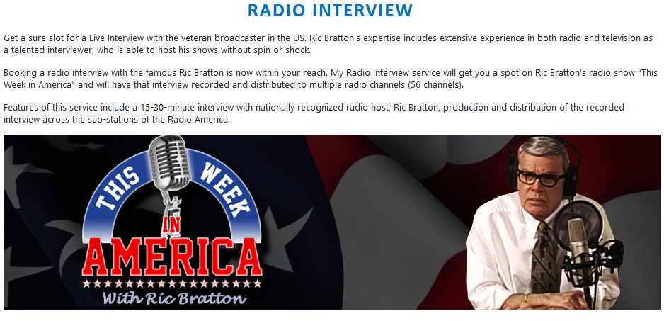 Screenshot of solicitation from Author Reputation Press for a radio interview with Ric Bratton: "Get a sure shot for a Live Interview with the veteran broadcaster in the US...a talented interviewer, who is able to host his shows without spin or shock."