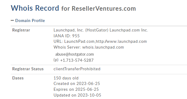 Screenshot of domain registration info for ResellerVentures.com, showing domain was created on 6/25/23