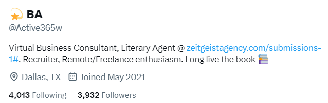 Profile of X user BA (@Active365w): "Virtual Business Consultant, Literary Agent, Recruiter, Remote/Fr4eelance enthusiasm. Long live the book" Link to Zeitgeist Agency's Submissions page included