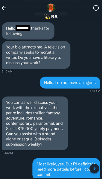 Screenshot of Hayu scammer's recruitment outreach: "Your bio attracts me. A television company seeks to recruit a writer...$75,000 yearly payment. Can you assist with a stand-alone or sequel (episode) submission weekly?"