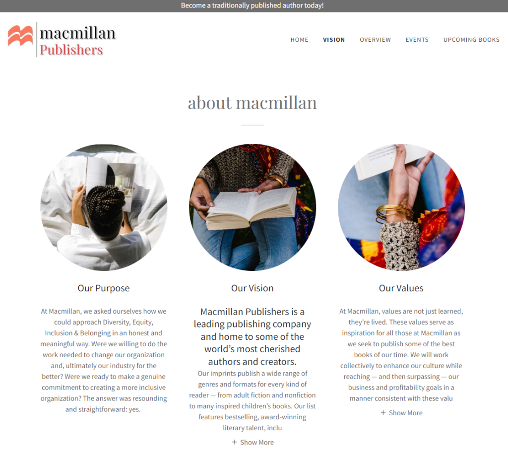 Screenshot of "Vision" page, featuring text plagiarized from the real Macmillan's About page: Our Purpose, Our Vision, Our Values