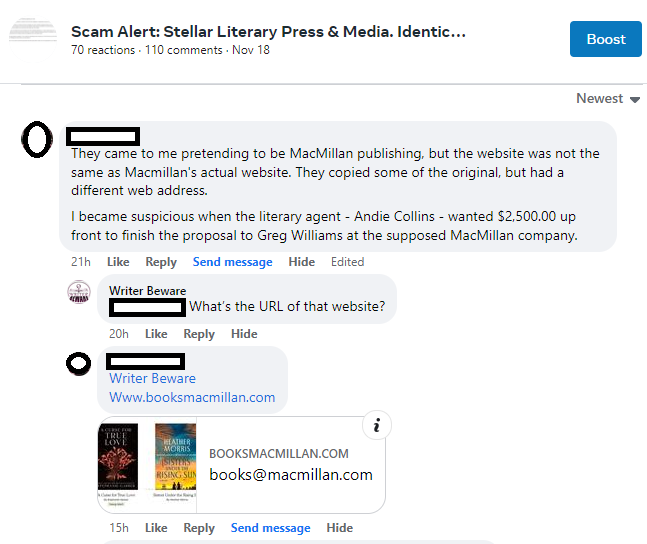 Facebook comment from author describing solicitation by fake Macmillan Publishing, after Stellar Literary Press & Media "literary agent" demanded $2,500 to finish a proposal for the fake Macmillan