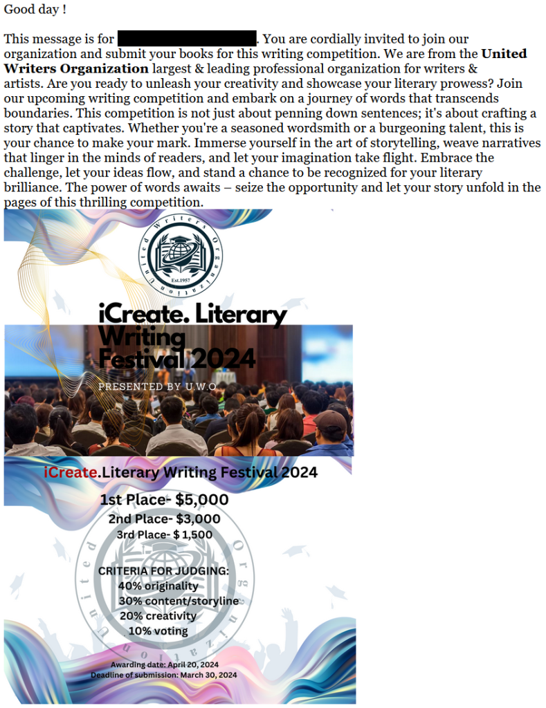 Screenshot of UWO "invitation" to attend the iCreate.Literary Writing Festival 2024. $5,000 prize for 1st place