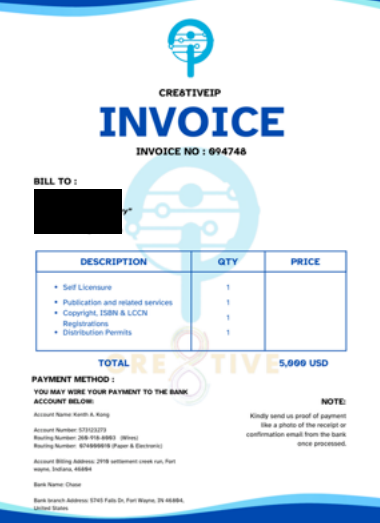 Screenshot of invoice from CreativeIP for services including "self-licensure, publication and related services, copyright/ISBN/LCCN registrations, and distribution permits. Total amount due: 5,000 USD